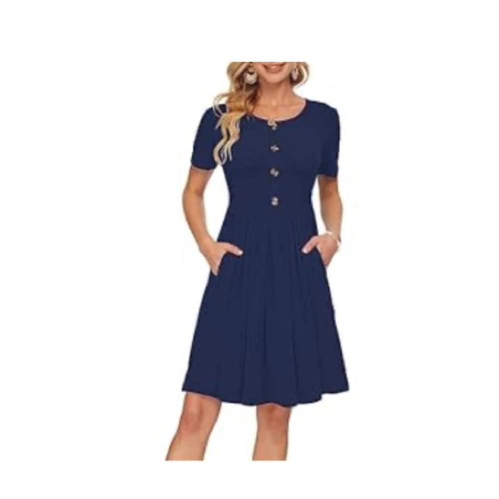 AUSELILY Womens Short Sleeve Mini Dresses Pleated Ruffle A Line with Button